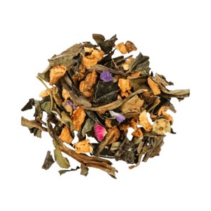 Bai Mu Dan thé blanc de Chine, héliotrope, mandarine, fraise, abricot,figue,  morceaux de pommes, pétales de rose et de mauve. 